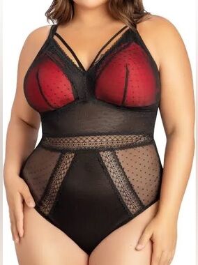 Plus Size Sheer Lace Bodysuit - Black with Red Cups